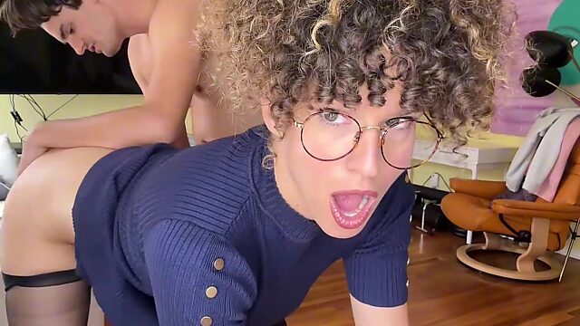 Curly-haired stepmom arranges a role-playing fuck with her stepson in the image of a slutty teacher.