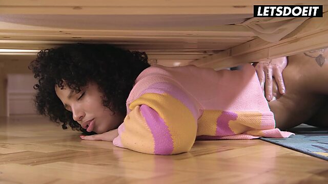 Curly ebony Romy got stuck under the bed so he fucked her