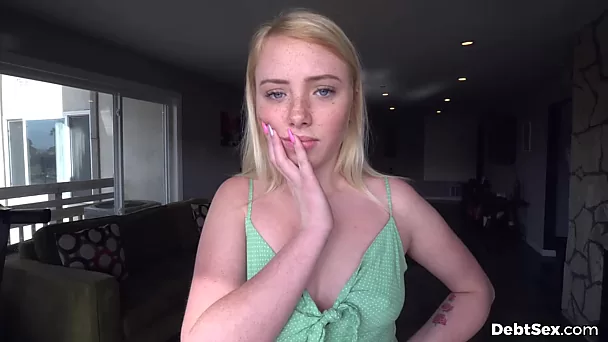 Juicy blonde teen with small tits does a blowjob with a cum in mouth ending POV