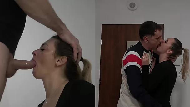 Cheating wife kisses her hubby after work where she blows boss' dong