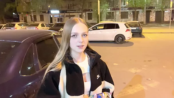 Adorable young babe asks a stranger to buy her an energy bdrink and then she lets him fuck her