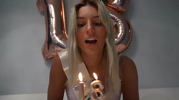 A young slut with small tits got a dose of cum on her face for her birthday