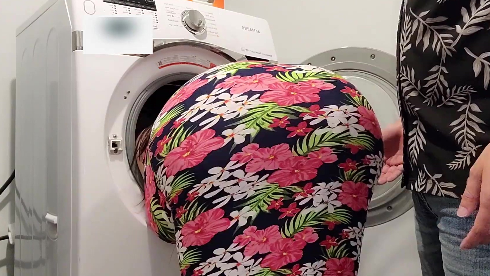 Bitch with huge Ass stuck in washing machine! Perv stepson sprayed cum all over her image