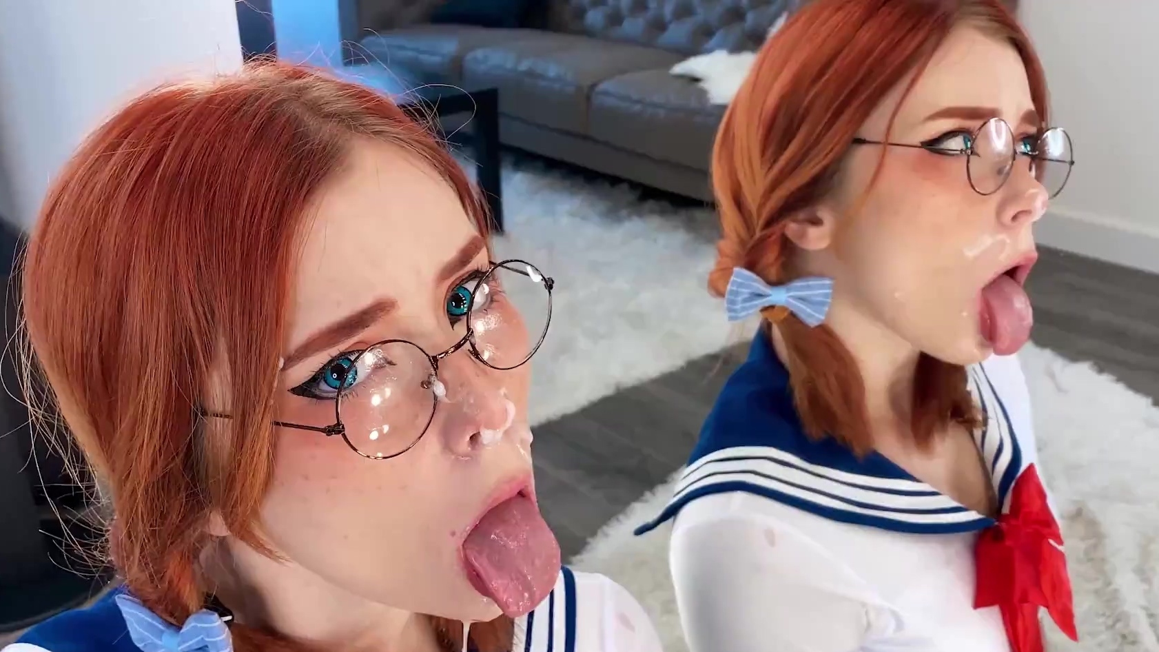 Sweet redhead teen in glasses sucks with pleasure and gets Cum on her Face