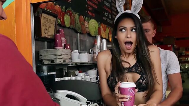 Juicy barista with Big Ass jumped on a hard cock of her Customer