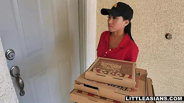 Asian pizza girl gets two dicks for her hard work