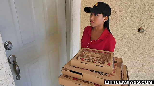 Asian pizza girl gets two dicks for her hard work