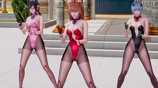 3 sexy, schlanke, vollbusige weibliche Evangelion-Charaktere tanzen den heißesten Outdoor-Striptease – 3D-Animation