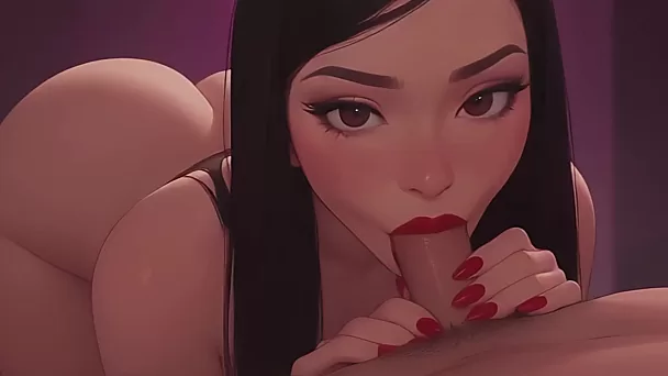 令人惊叹的人工智能小妞深深地吮吸着幸运男人的硬阴茎