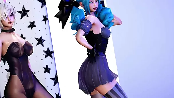 Personagens sensuais de lol gerados por IA - a fofa Gwen de cabelo azul e a loira esbelta Riven - mostram uma dança quente