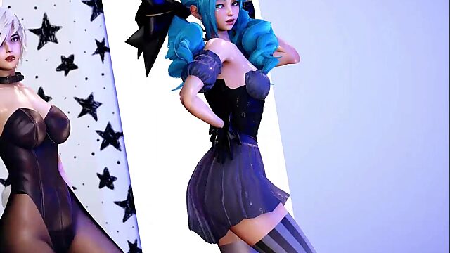 Sexy AI-Generated LoL Characters - Cute Blue-haired Gwen & Slim Blonde Riven - Show a Hot Dance