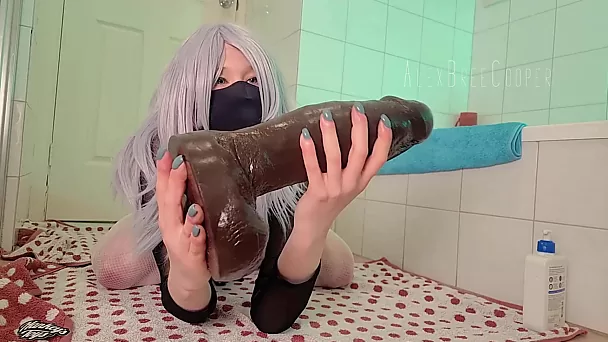 Busty anime cutie lands monster dildo down her tight asshole