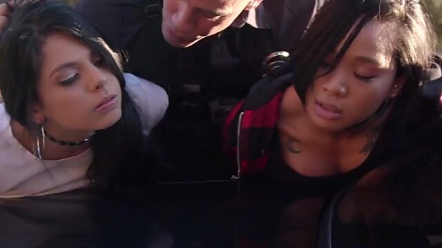 Sexy Latina teens get busted by an angry cop then fucked rough in a FFM threesome