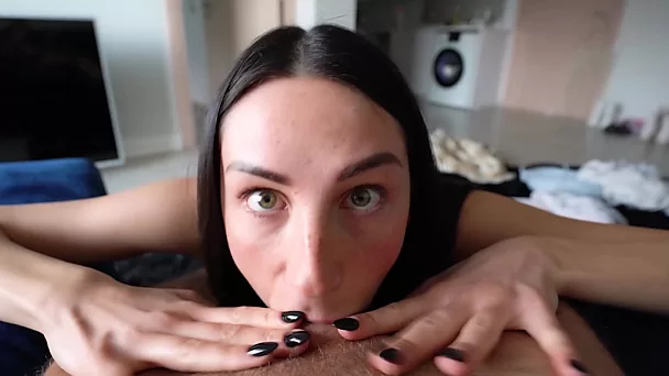 Going deep into her throat, the guy is ready to fill the brunette's mouth