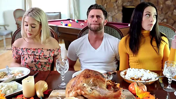 Wild handjob from brunette and blonde stepsisters during Thanksgiving dinner