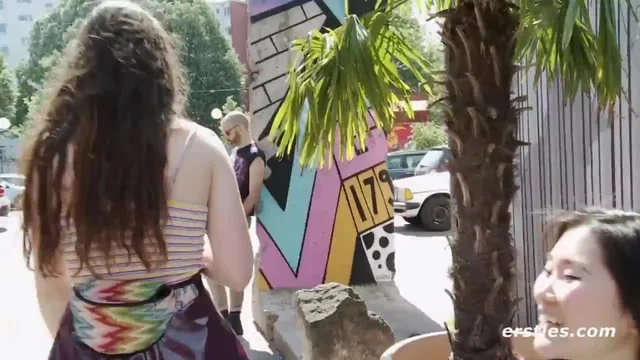 Making her friend cum in public.