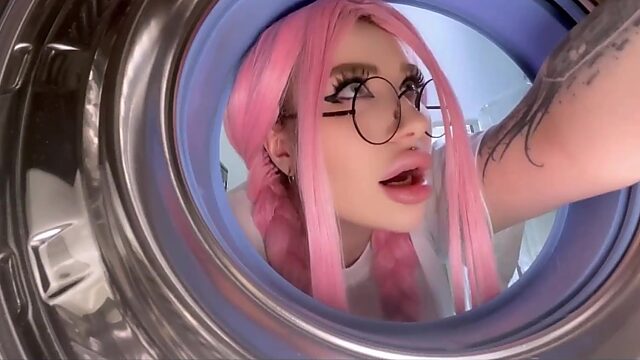 Cute stepsister got stuck and stuffed in the washing machine POV