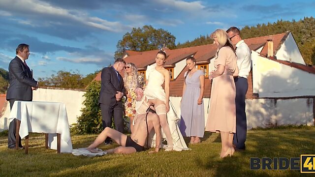 Blonde brides has fun with her newly wed guy right after the ceremony