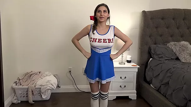 Petite cheerleader in sexy uniform pleases her Stepbrother with nice Blowjob