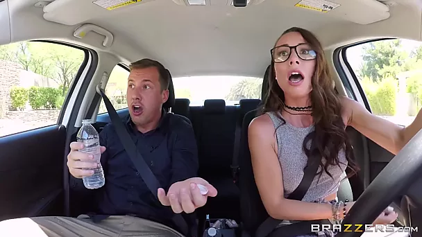 Nerdy chick brings driving instructor to a nervous breakdown