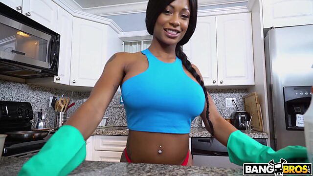 Busty ebony cleaning-lady Sarai Minx gets pov wrecked by a monster hammer in a kitchen