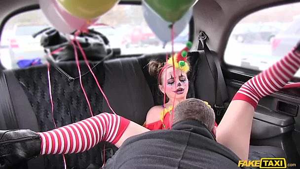 Kinky clown girl jumped on Driver's cock during Taxi Ride