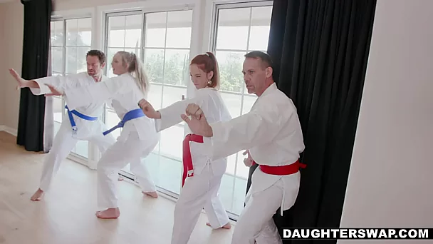 Two teen besties swap step daddies to nail after intensive karate training