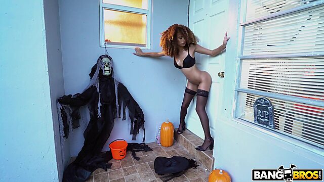 Little pretty witch takes glory hole sex on Halloween