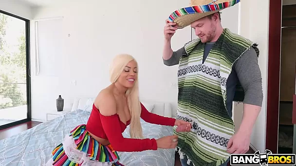 Blonde Latina w Huge Boobs sucks Stepson's big D and fucks hard