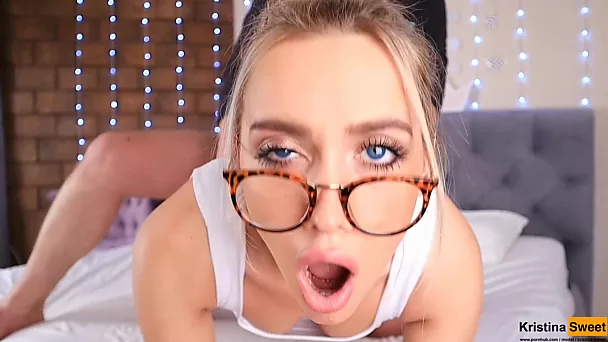 Blue eyed teen with glasses fucked doggystyle (blowjob, cum in mouth)