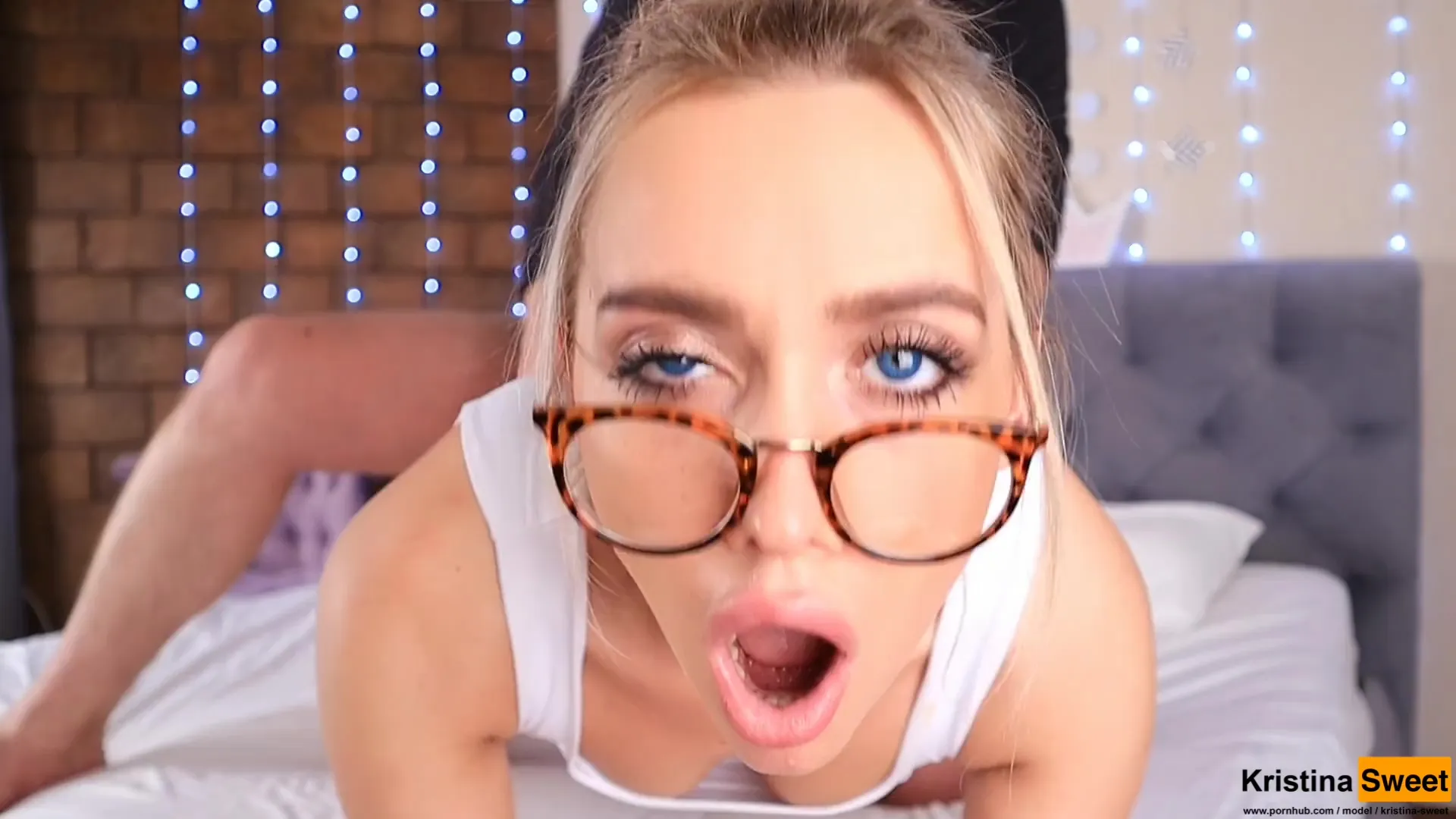 Blue eyed teen with glasses fucked doggystyle (blowjob, cum in mouth)