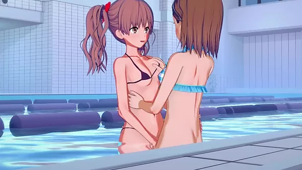 Хентал тинки-лесбиянки занимаются сексом со страпоном в бассейне