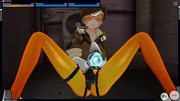 Overwatch tracer frotte son clitoris et chevauche un gode dans une scène solo hentai