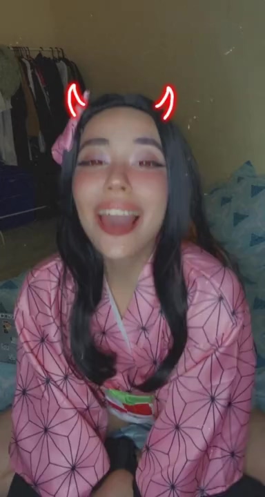 Sexy babe cosplays Nezuko in Ahegao on webcam - Demon Slayer: Kimetsu no Yaiba