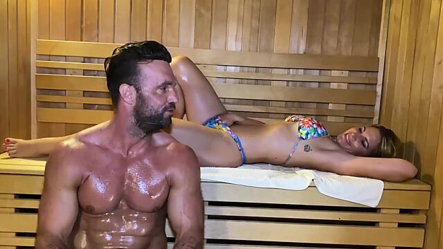German slut in the sauna works on the cock