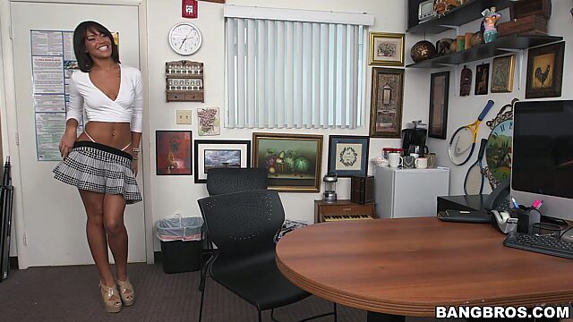 Marvelous tanned lass gets her first casting on an office table pov