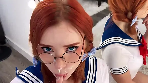 Sailor Moon cosplay - Nerdy girl sucks huge cock and gets facial