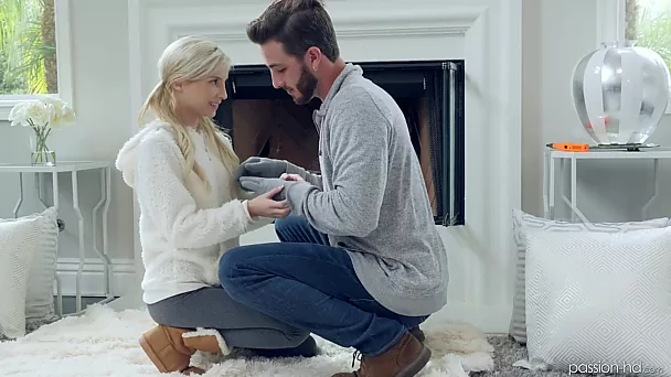 Petite teenager handles bf's inches by the fireplace