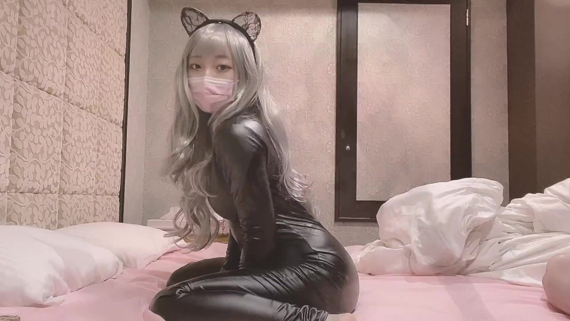 Japanese cutie in latex costume feels man's cock during COVID quarantine