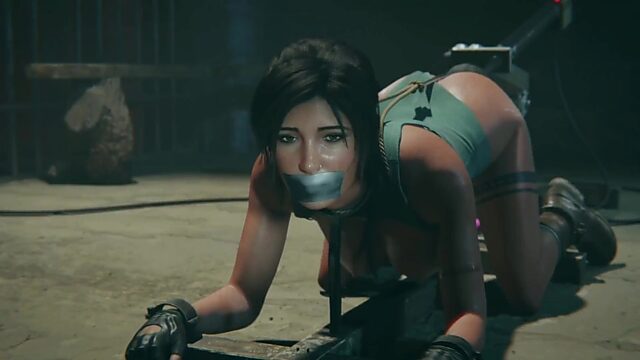 Enslaved Lara Croft enjoys Pussy-Toying with Sex-Machine