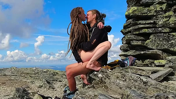 European couple has risky fuck in the mountains